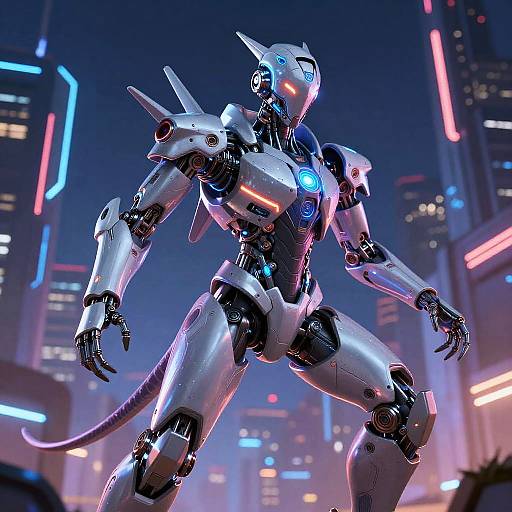 CGI image of a futuristic, white and blue glowing robotic warrior with a tail, standing in a neon-lit, cyberpunk cityscape.