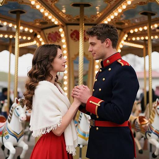 Romantic Carousel Scene with Snowflakes