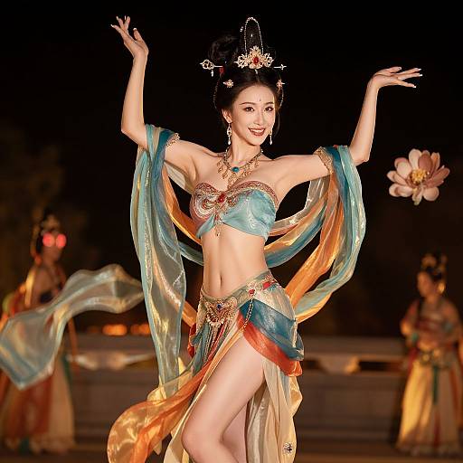 Photograph of an Asian dancer in a vibrant, blue and gold traditional costume, with flowing fabric, performing under stage lights, holding a flower.