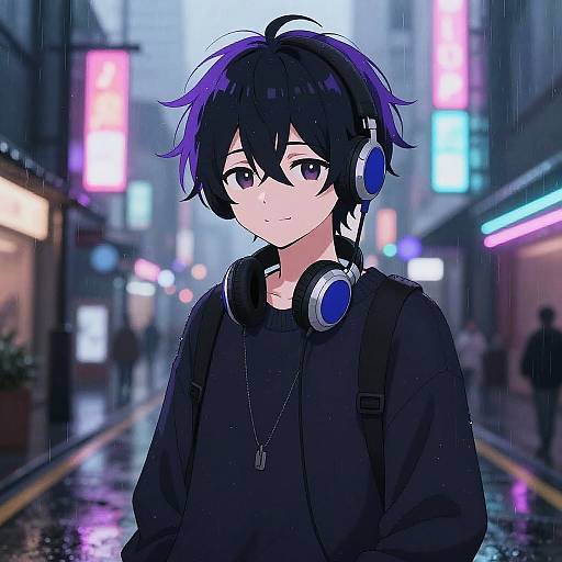 Anime-style digital drawing of a young boy with black and purple hair, wearing headphones, a black hoodie, and backpack, standing in a rainy, neon