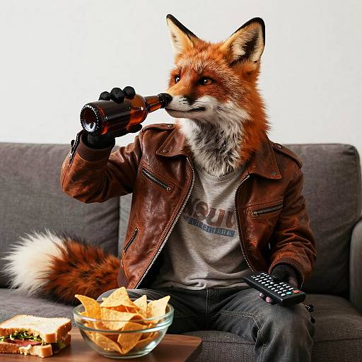 Anthropomorphic Fox Watching TV with Snacks
