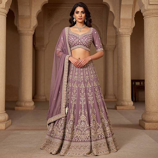 Photograph of an Indian woman in a lavender and gold embroidered traditional lehenga with a matching dupatta, standing in an ornate, arched stone