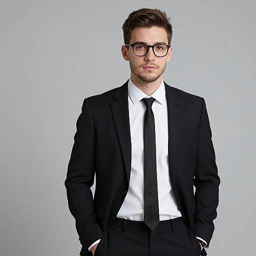 Photograph of a young, fair-skinned man with short brown hair, black-framed glasses, and a black suit, white shirt, and black