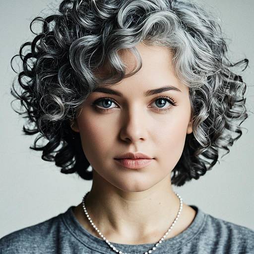 Young woman with curly grey hair and pearl necklace