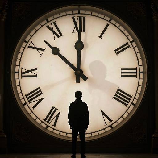Silhouette of a man standing before a large, illuminated clock face with Roman numerals, black hands, and a glowing white background. Photograph.