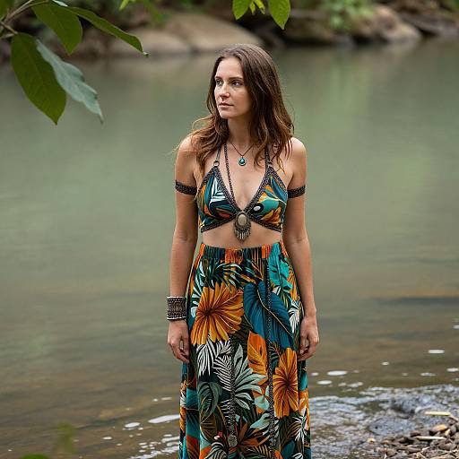 Photograph of a young woman with long brown hair, wearing a vibrant floral halter top and skirt, standing by a serene river in a lush,