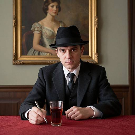 Photograph of a man in a black suit and fedora, holding a pen, with a glass of whiskey on a red tablecloth. A portrait