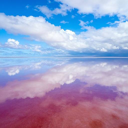 Photograph of a reflective, pinkish-red water surface mirroring a vibrant blue sky with fluffy white clouds, creating a surreal, symmetrical scene.