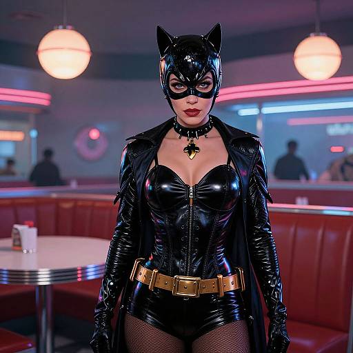 Photograph of a woman in a black latex Batman-inspired costume with cat ears, red lips, gold belt, and fishnet stockings, standing in a