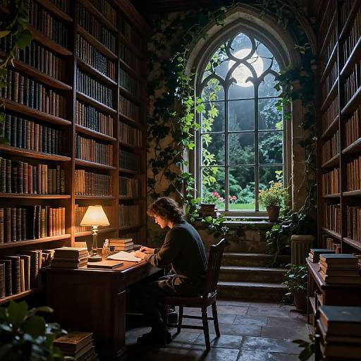 Photograph: Dimly lit, medieval library with arch-window, vines, and bookshelves. Scholar with curly hair, wearing dark clothing, writes