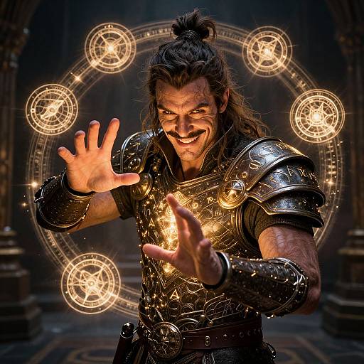 Photograph of a grinning man with long hair, wearing shiny medieval armor, conjuring glowing magical circles with outstretched hands.