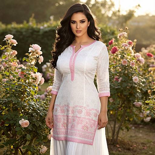 Photograph of a beautiful South Asian woman with long black hair, wearing a white traditional kurta with pink embroidery, standing in a lush garden with blo