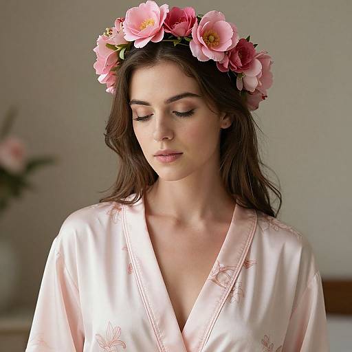 Photograph of a serene woman with long brown hair, wearing a pink floral crown and silky pink robe, eyes closed, softly lit indoor background.