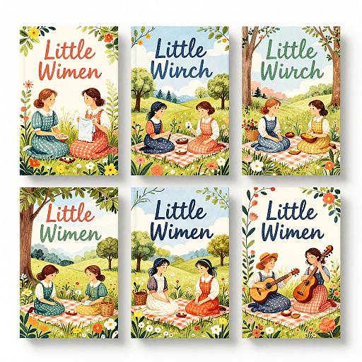 Six colorful, hand-drawn illustrations of women in traditional dresses, sitting in a grassy, flower-filled park, playing guitar, knitting, and reading