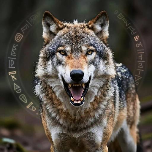 Photograph of a fierce, snarling gray wolf with detailed fur, sharp teeth, and intense yellow eyes, set against a blurred forest background.
