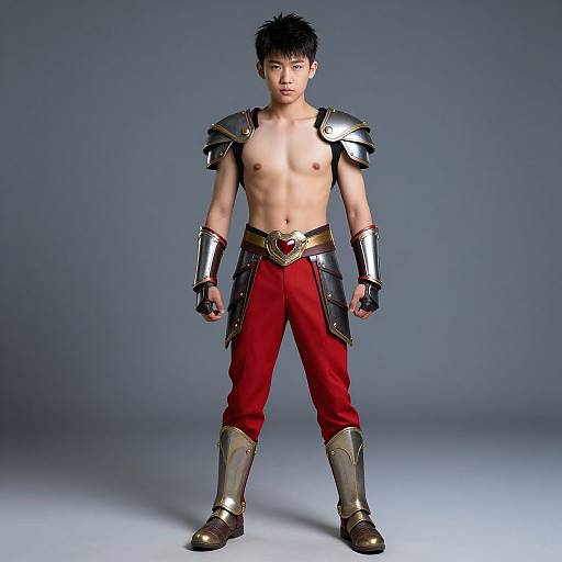 Photograph of an Asian man with short black hair, shirtless, wearing red pants, silver armor shoulder and arm pieces, and boots, with a