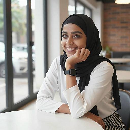 Photograph of a smiling South Asian woman with medium brown skin, wearing a black hijab, white long-sleeve shirt, and striped pants,