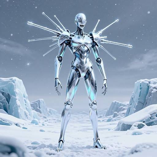 Digital art: Silver, humanoid robot with glowing blue accents and spiky shoulder armor stands in a snowy, starry landscape.