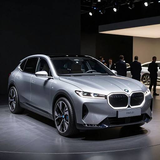 Photograph of a silver BMW X4 SUV on a dark stage, illuminated from above, with a few people in the background.