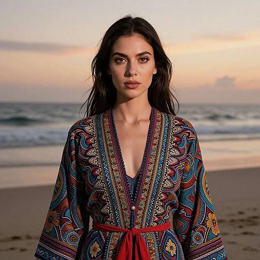 Photograph of a beautiful woman with long dark hair, wearing an ornate, colorful, patterned robe with a red belt, standing on a beach