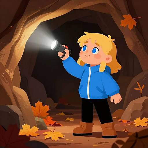 Cartoon child with blonde hair, blue jacket, and brown boots, holds flashlight in dark cave with autumn leaves on ground.