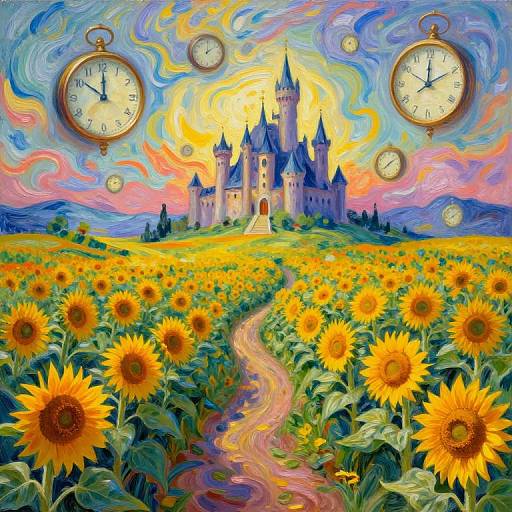 Vibrant oil painting of a sunflower field leading to a colorful, swirling sky with a castle and three clock faces above.