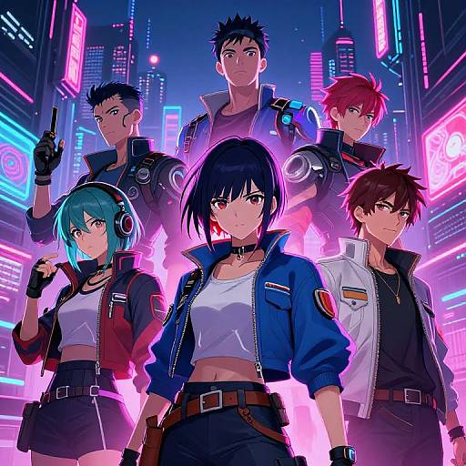 Digital anime artwork of six cyberpunk characters with neon city backdrop. Diverse group, colorful attire, holding guns, futuristic style.