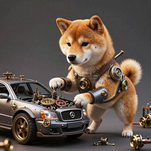 Anthro Shiba Mechanic Repairing Steampunk Car
