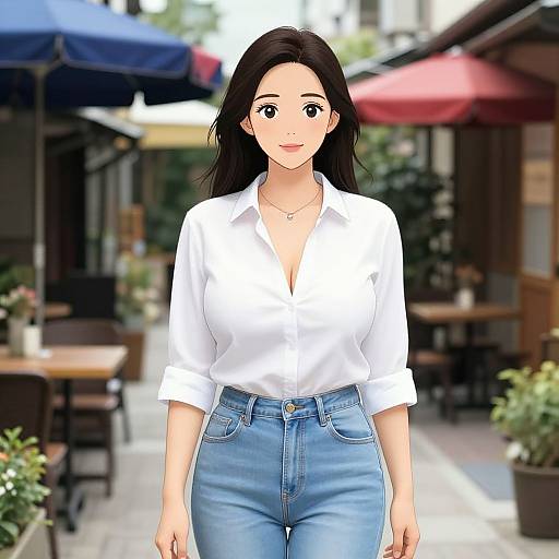 Digital illustration of a smiling Asian woman with long black hair, wearing a white blouse and blue jeans, standing in a sunny, bustling outdoor café.