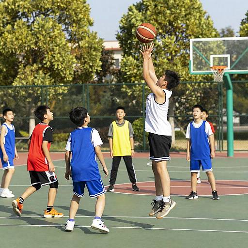 Energetic Kids Basketball on Sunny Court