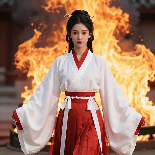 Photograph of an East Asian woman with dark hair in a white and red traditional Japanese kimono, standing in front of a large, bright orange fire