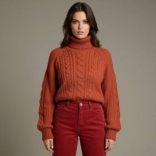 Photograph of a woman with long dark hair, wearing an orange cable-knit turtleneck sweater and red high-waisted pants, against a