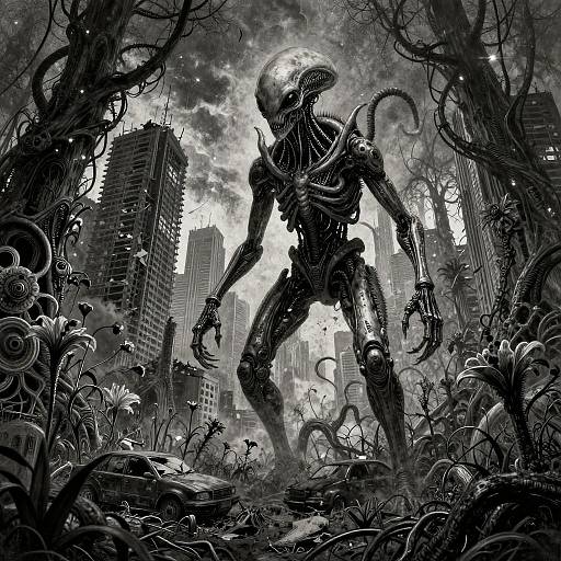 Monochromatic digital artwork of a grotesque, humanoid alien with tentacles in a post-apocalyptic cityscape, surrounded by twisted vegetation and abandoned buildings