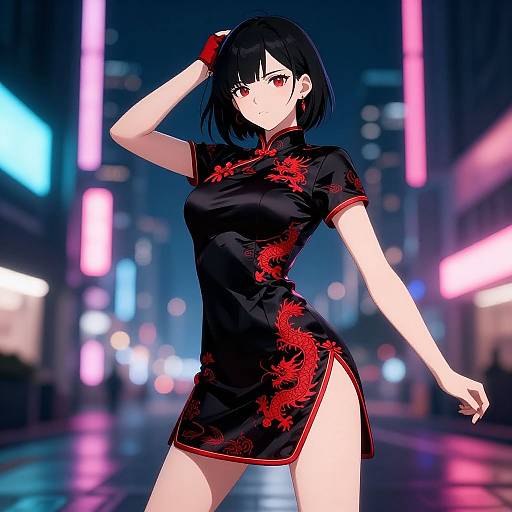 Anime-style illustration of a confident, black-haired woman in a tight, black cheongsam with red dragon patterns, standing in a neon-lit,