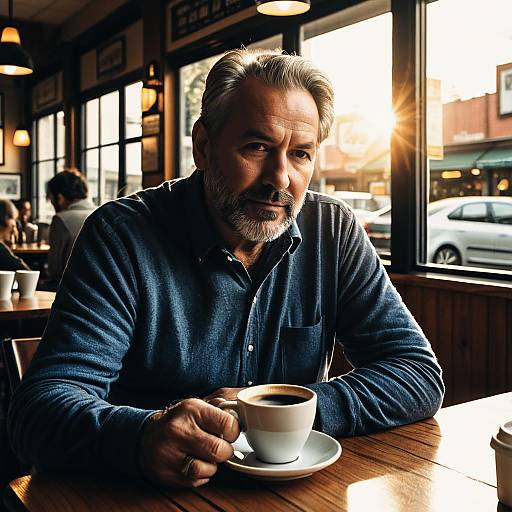 Middle-aged Man Enjoying Coffee at Sunrise