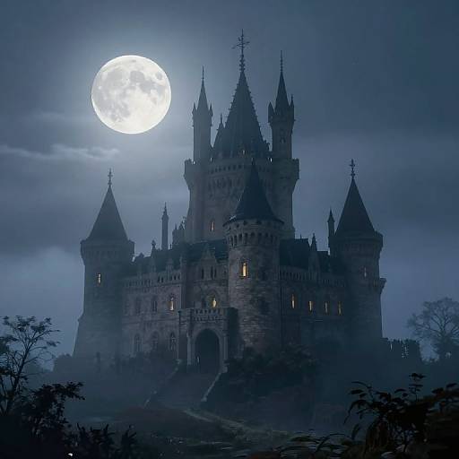 Photograph of a dark, Gothic-style castle silhouetted against a bright full moon in a foggy, midnight blue sky.
