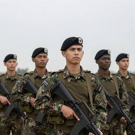 Five Soldiers in Camo Uniforms with Rifles