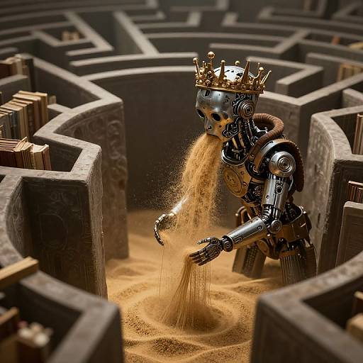 Photorealistic CGI of a metallic, crowned robot pouring golden sand into a maze, with intricate stone walls and books.