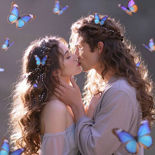 Photograph of a couple kissing, illuminated by sunlight, surrounded by blue butterflies. Both have long, wavy brown hair, wearing off-shoulder