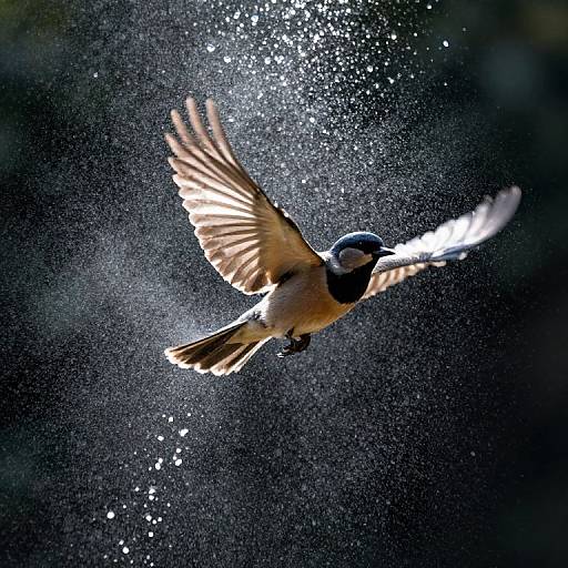 Photograph of a blue tit bird mid-flight, wings spread wide, surrounded by sparkling water droplets against a dark, blurred background.