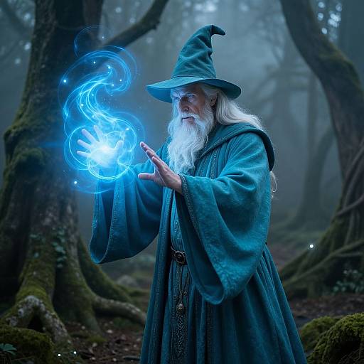 Photograph of a white-bearded wizard in a teal robe and pointed hat, conjuring blue magical flames in a foggy forest.