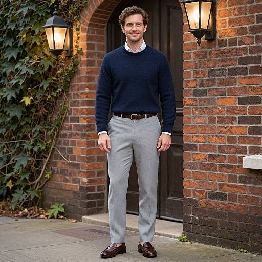 Photograph of a smiling man with curly brown hair, wearing a navy sweater, white shirt, light gray pants, brown belt, and brown loafers