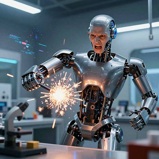 Photorealistic CGI of a shiny, metallic humanoid robot sparking a welding torch in a modern laboratory with blurred lab equipment.