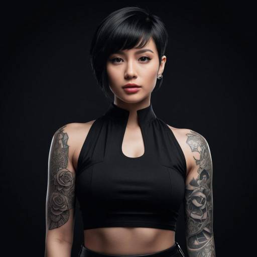 Confident woman with floral sleeve tattoos