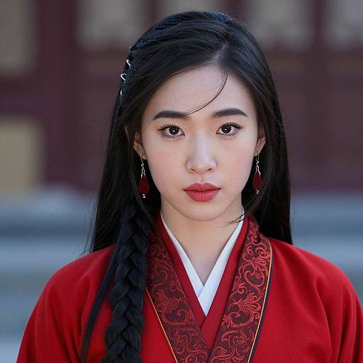 Photograph of an East Asian woman with long black hair, red lipstick, and red traditional Korean hanbok with intricate embroidery, standing outdoors against a