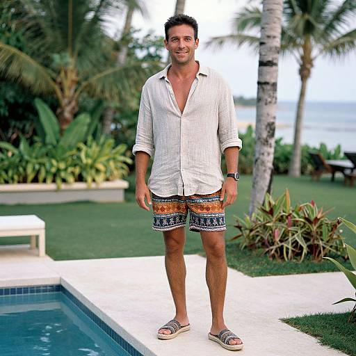 Photograph of a smiling, medium-built man with short dark hair, wearing a white button-up shirt, multicolored patterned shorts, and sandals
