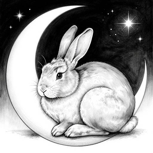 Ink drawing of a detailed, large-eared rabbit sitting on a crescent moon, surrounded by stars in a black background.