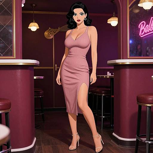 Digital illustration of a curvy woman with black hair in a pink, form-fitting, sleeveless dress with a thigh-high slit, standing in a