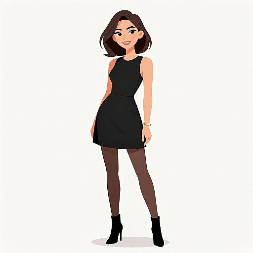 Digital illustration of a smiling woman with short black hair, wearing a black sleeveless dress, black tights, and black ankle boots.