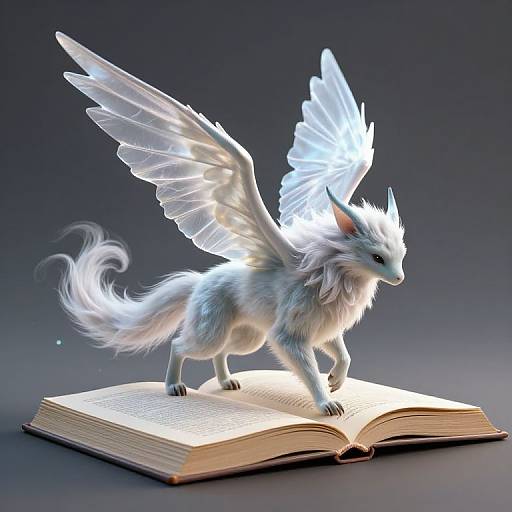 Digital CGI of a white, winged, furry fox-like creature standing on an open book, glowing in a dark background.